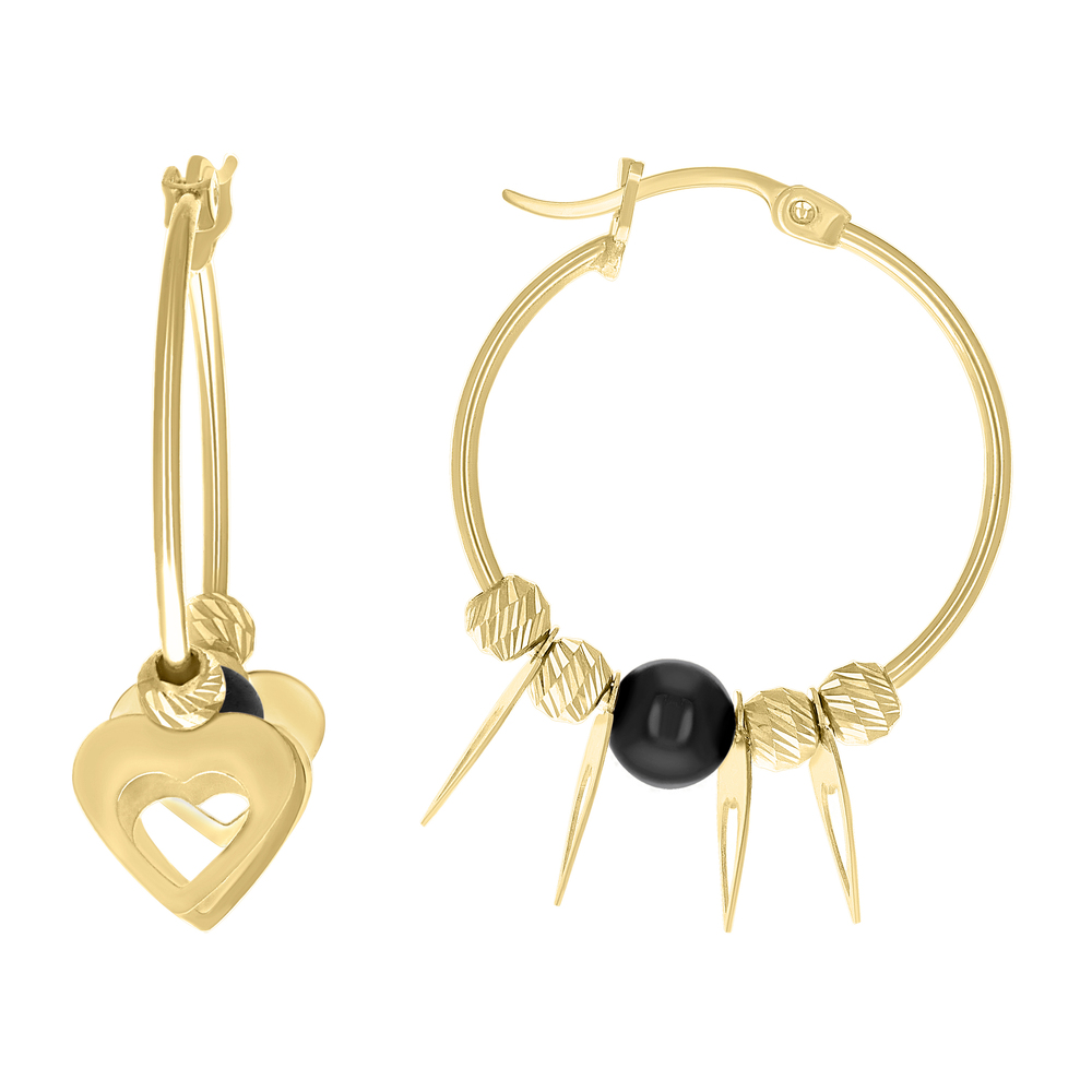 10kt 10k Yellow Gold Womens Heart Black Beaded Hoop Earrings